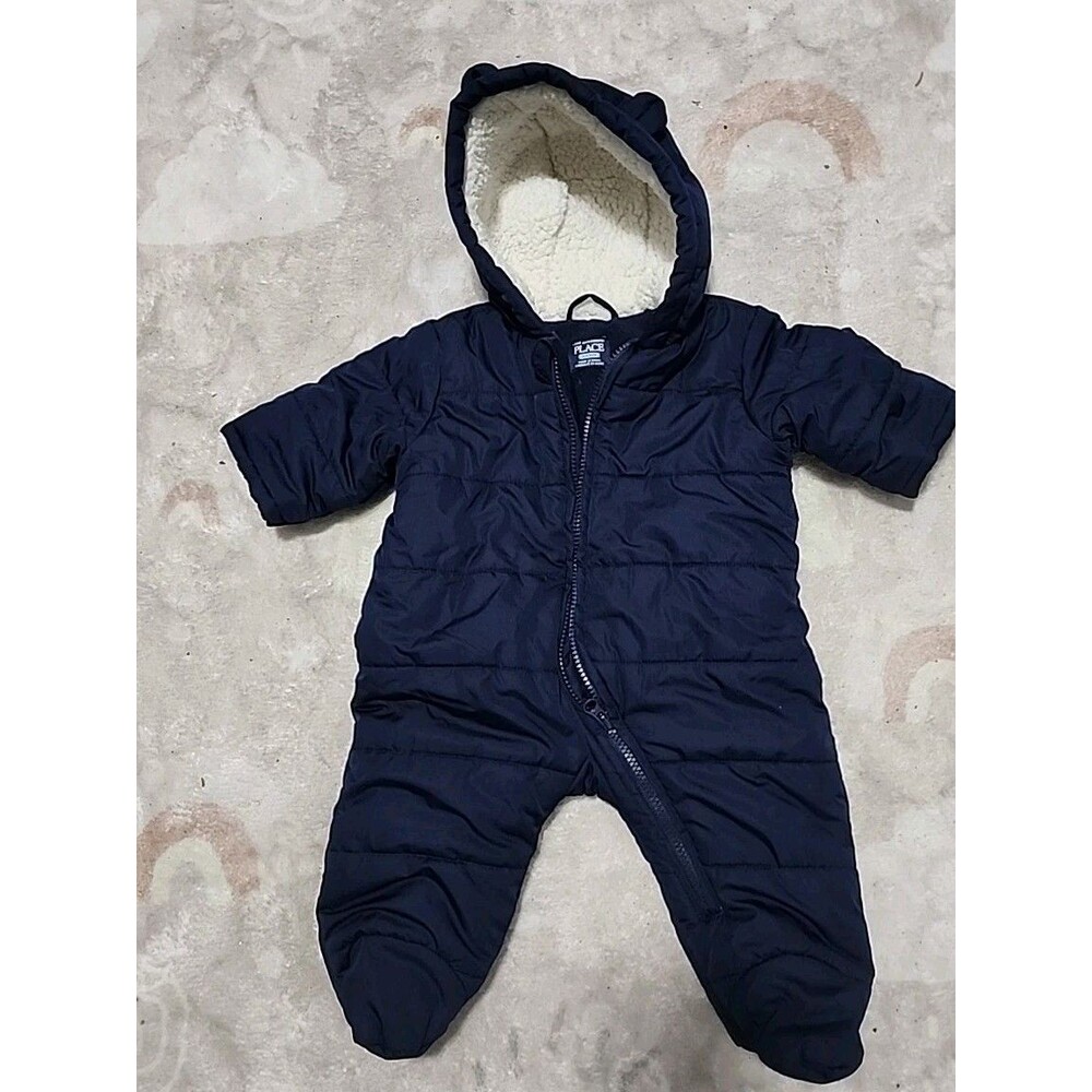 Children’s Place Puffer Snow Suit Navy Blue Hand & Feet Covers Hood 0-3 Month